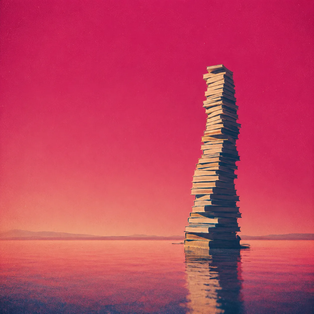 A towering column of unevenly stacked books rising out of still water beneath a saturated magenta sky.